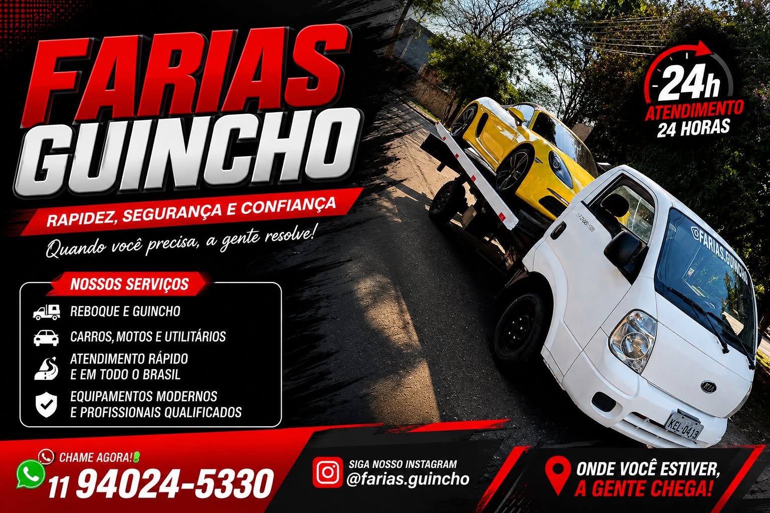 Caminhão plataforma da Farias Guincho em operação de atendimento 24 horas